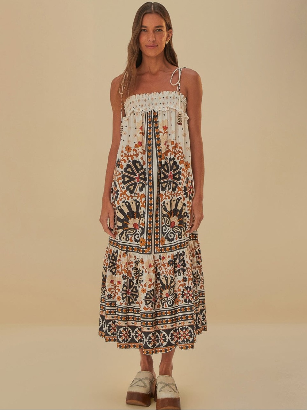 Farm Rio Flower Fan Tapestry Off-White Midi Dress